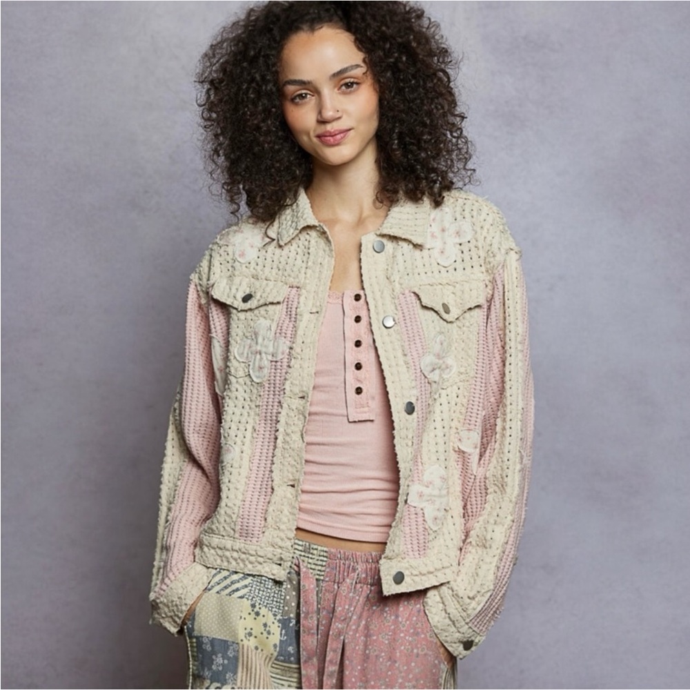 POL Cream and Pink Crochet Jean Jacket